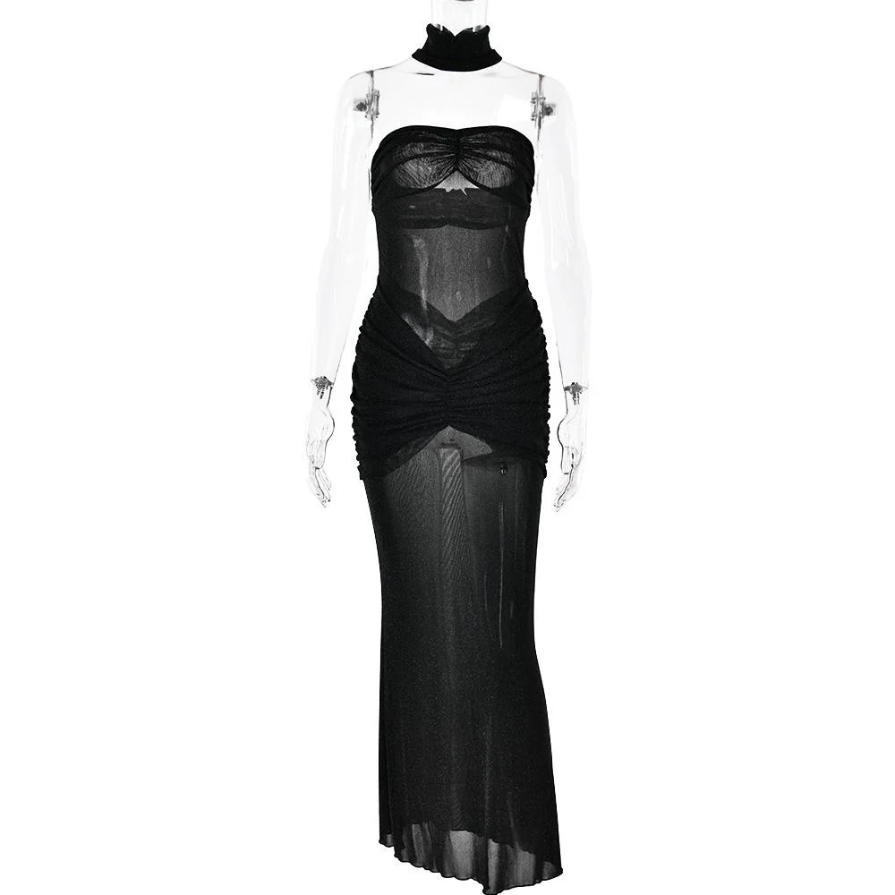 Sweetheart neck ruched see through glitter tube maxi dress - Image 6