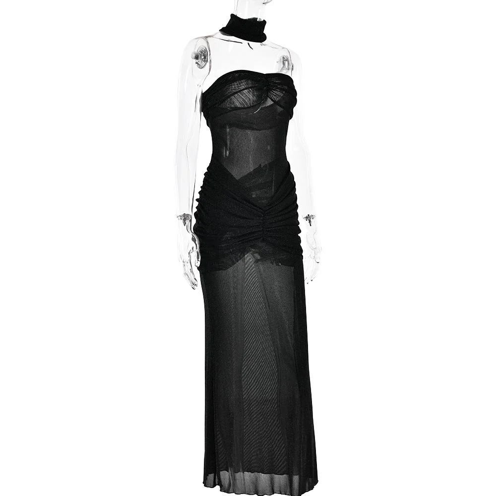 Sweetheart neck ruched see through glitter tube maxi dress - Image 7