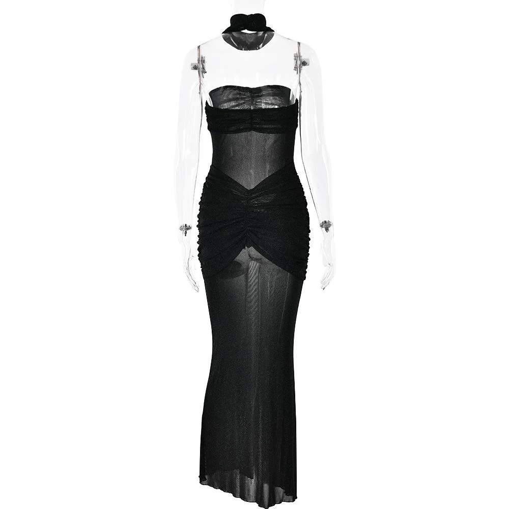 Sweetheart neck ruched see through glitter tube maxi dress - Image 8