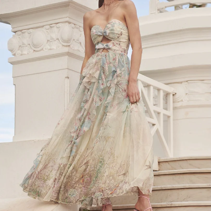 Sweetheart neck ruffle bowknot flower print hollow out maxi dress