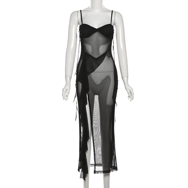 Sweetheart neck ruffle high slit sheer mesh cami midi dress - Image 2