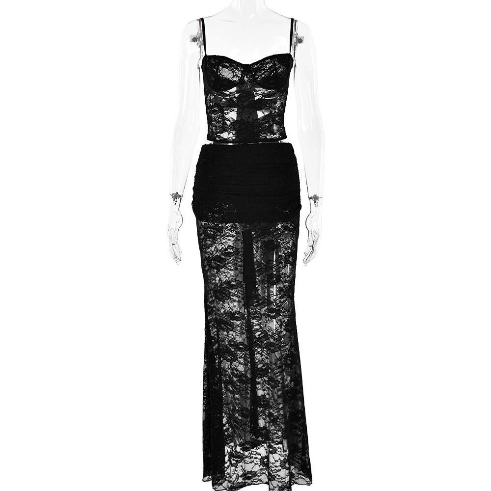 Sweetheart neck ruffle lace see through cami maxi skirt set - Image 3