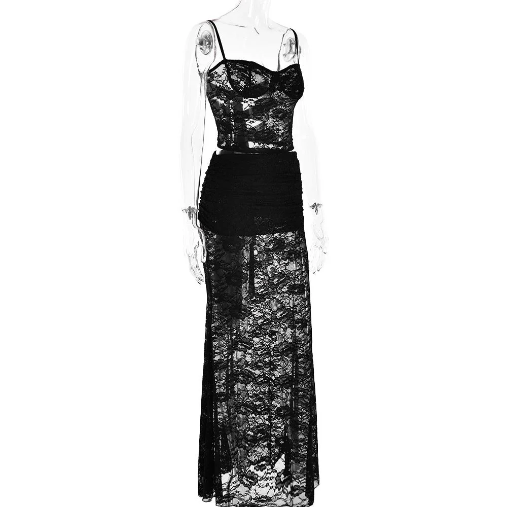 Sweetheart neck ruffle lace see through cami maxi skirt set - Image 4