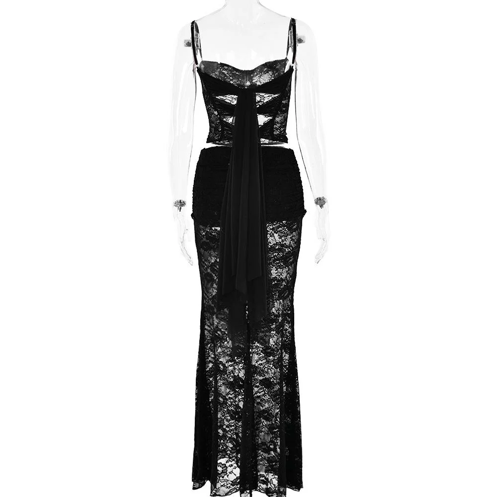 Sweetheart neck ruffle lace see through cami maxi skirt set - Image 5