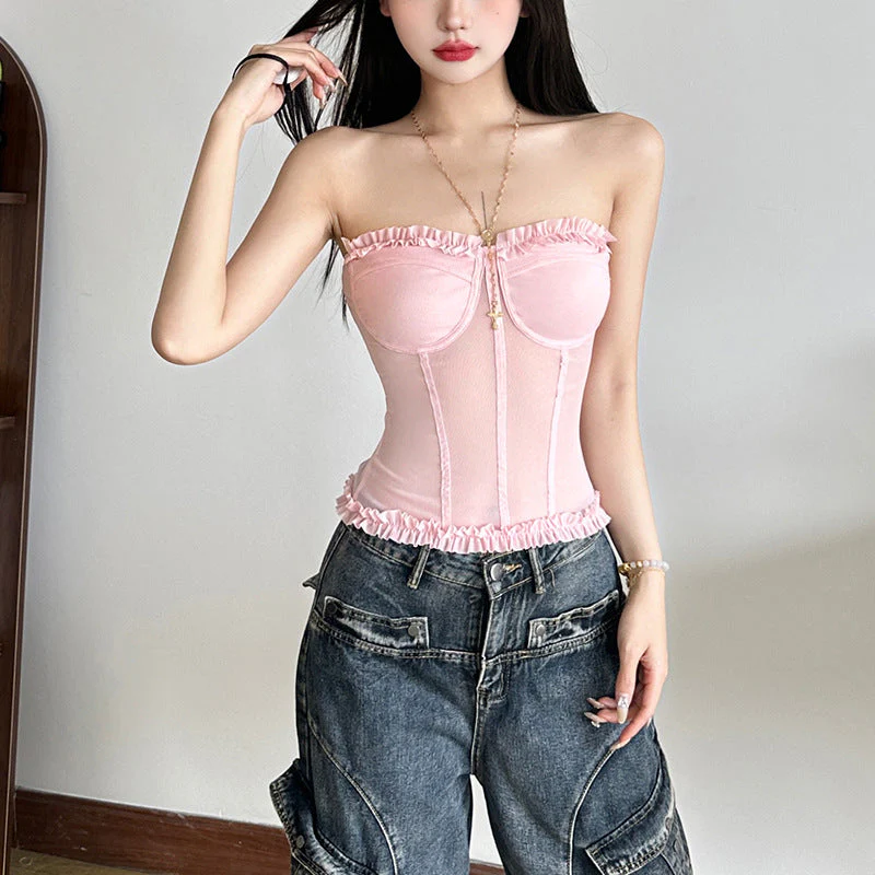 Sweetheart neck ruffle mesh backless top - Image 2