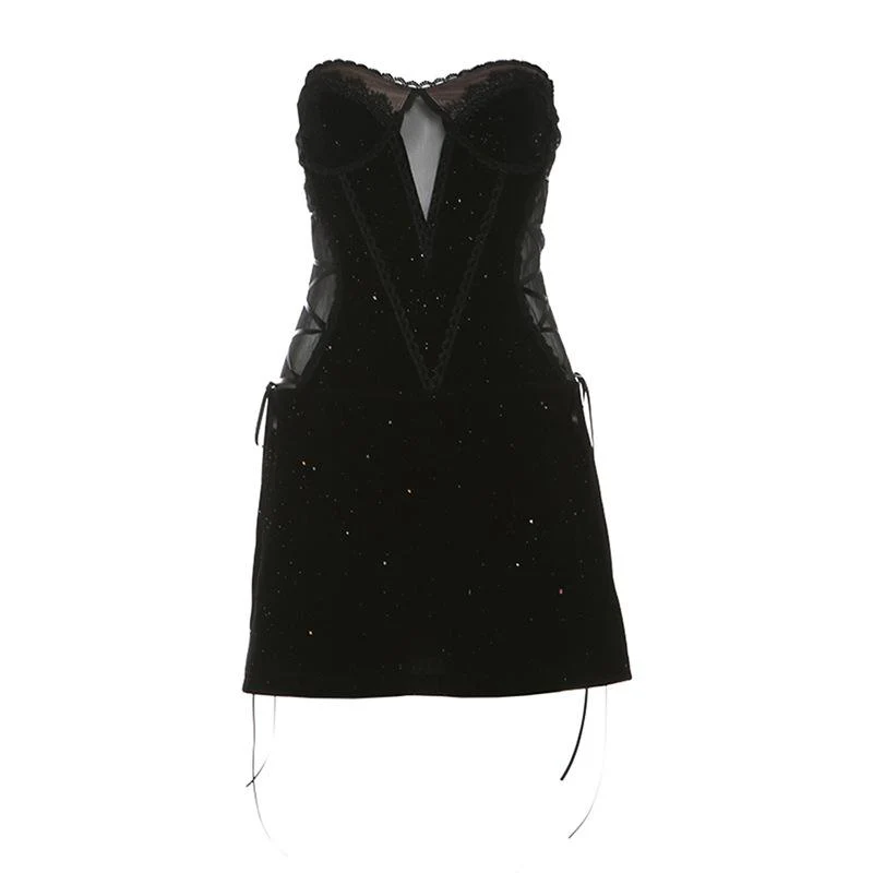 Sweetheart neck velvet lace up mesh beaded mini dress - Image 4