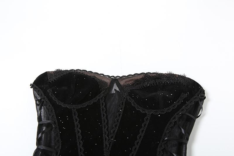 Sweetheart neck velvet lace up mesh beaded mini dress - Image 5
