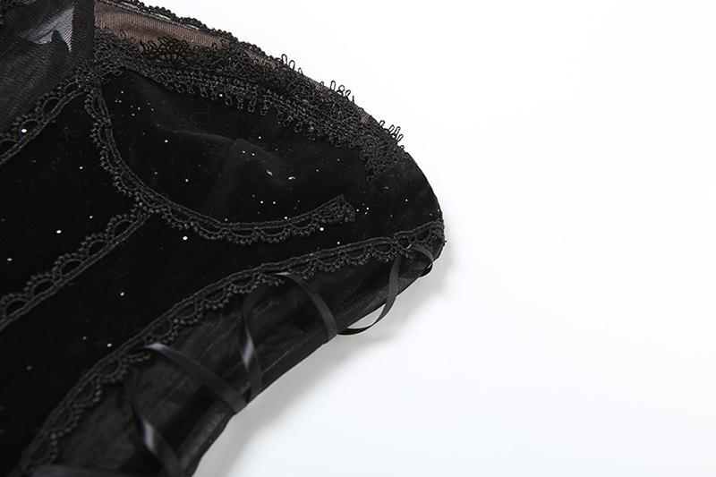 Sweetheart neck velvet lace up mesh beaded mini dress - Image 6
