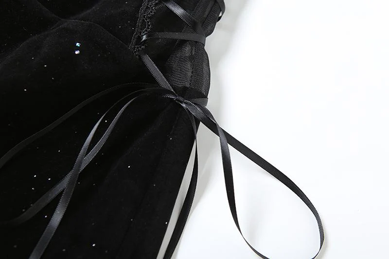Sweetheart neck velvet lace up mesh beaded mini dress - Image 7