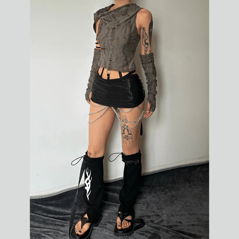 Textured off shoulder hoodie gloves cowl neck crop top - Image 2