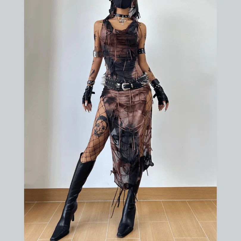 Textured tie dye slit hoodie sleeveless contrast maxi dress - Image 2