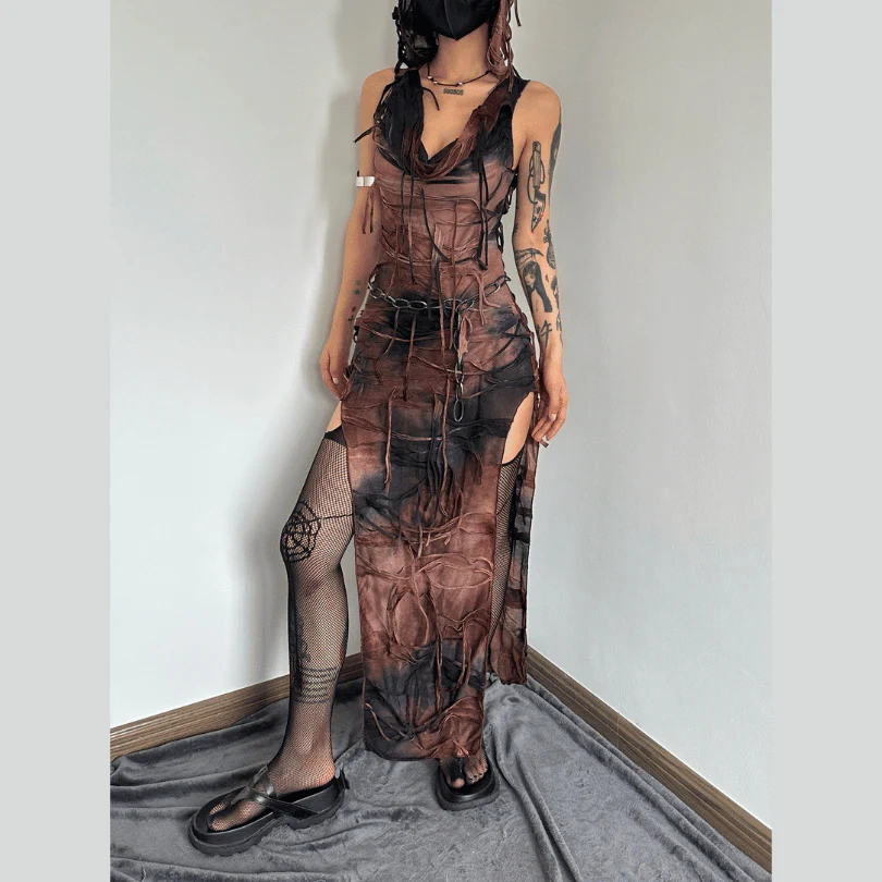 Textured tie dye slit hoodie sleeveless contrast maxi dress - Image 5