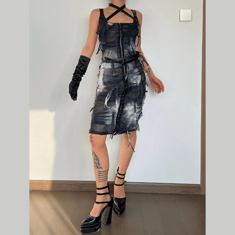 Tie dye button tassels square neck tank midi dress - Image 2