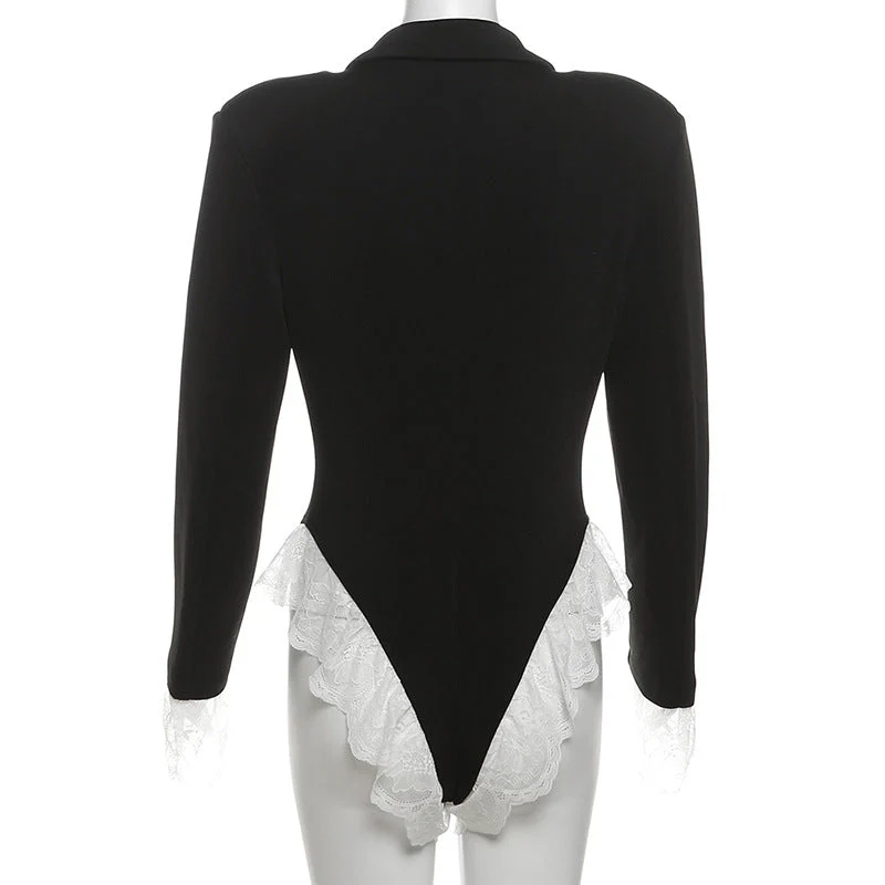 Turnover collar long sleeve lace hem bodysuit - Image 5