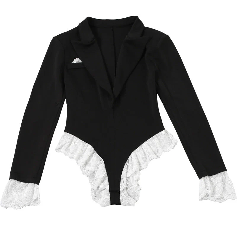 Turnover collar long sleeve lace hem bodysuit - Image 6