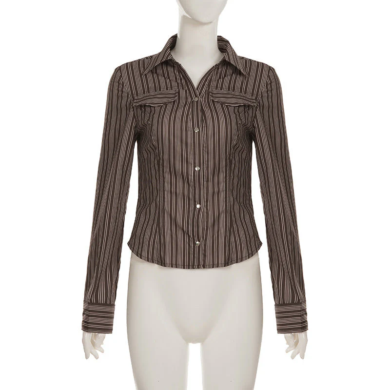 Turnover collar long sleeve striped print button top - Image 2