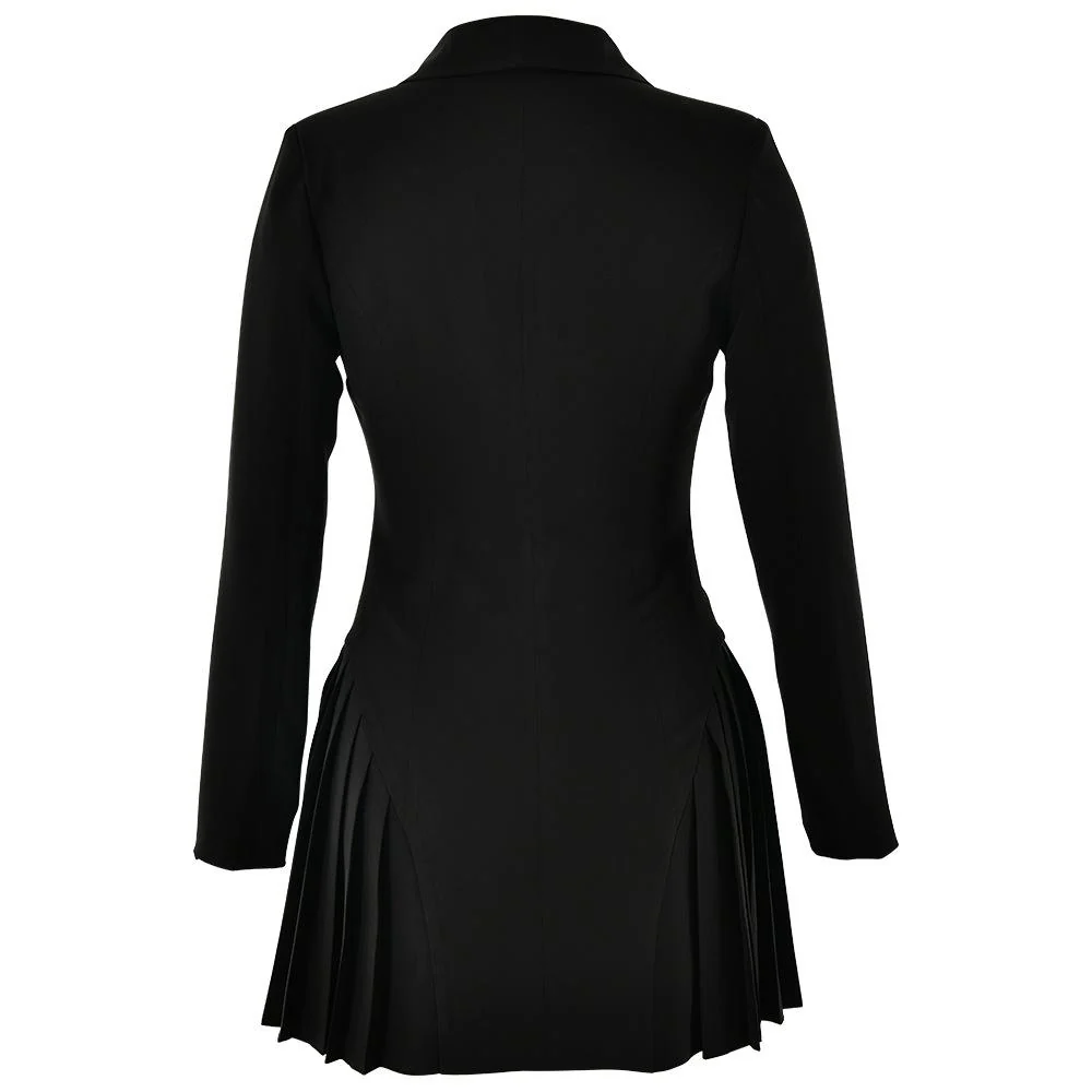 Turnover collar long sleeve v neck button pleated mini dress - Image 3