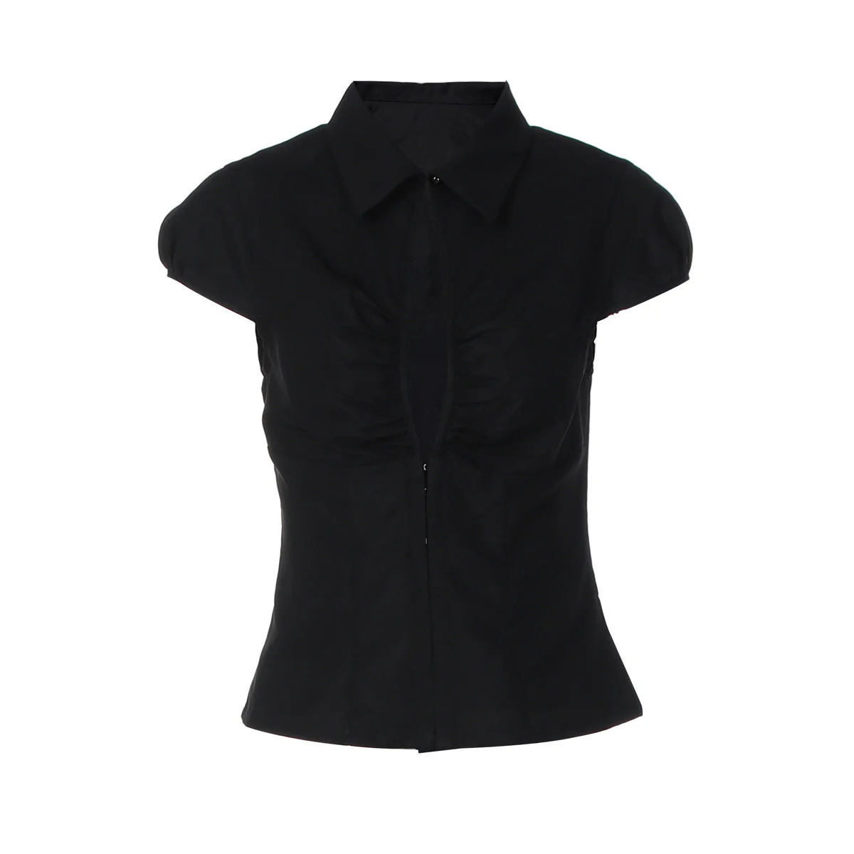 Turnover collar short sleeve button ruched top