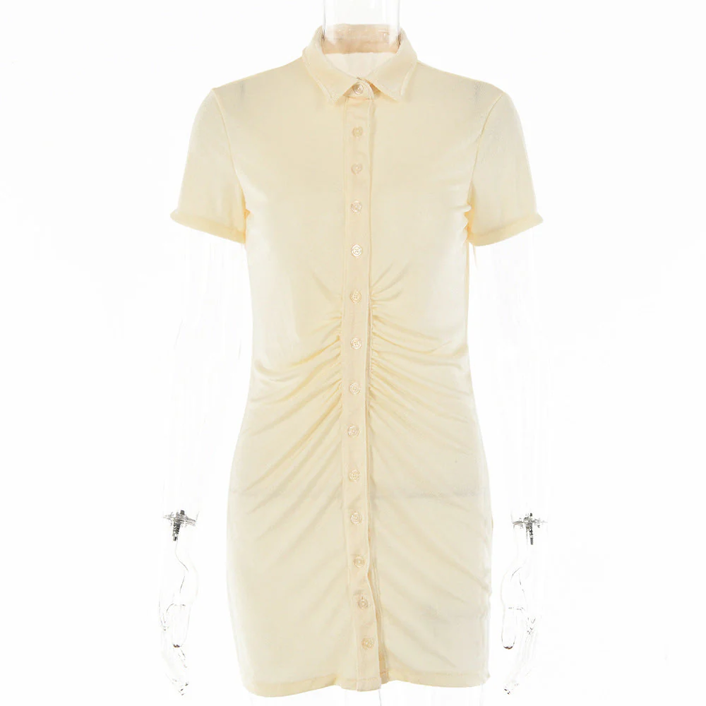 Turnover collar short sleeve ruched button mini dress - Image 2