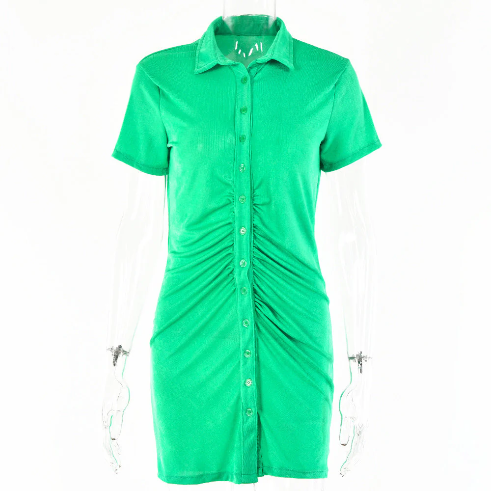 Turnover collar short sleeve ruched button mini dress - Image 3