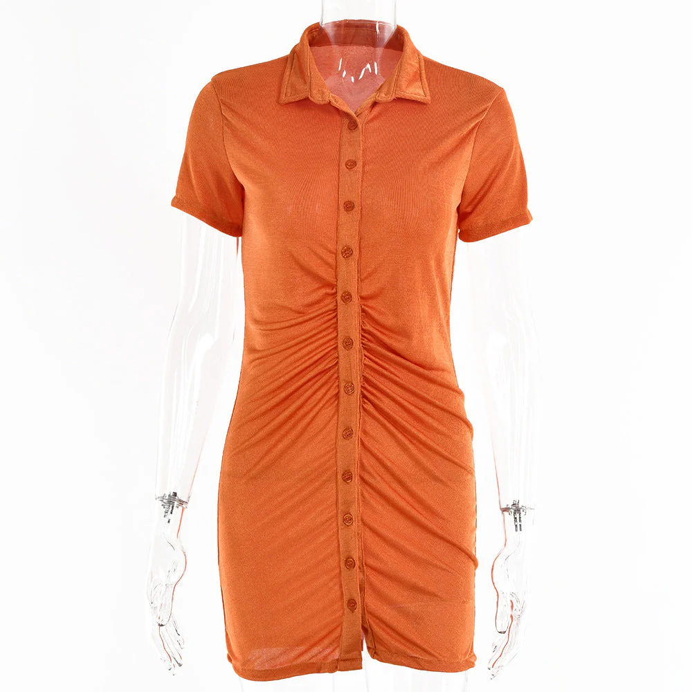 Turnover collar short sleeve ruched button mini dress - Image 4