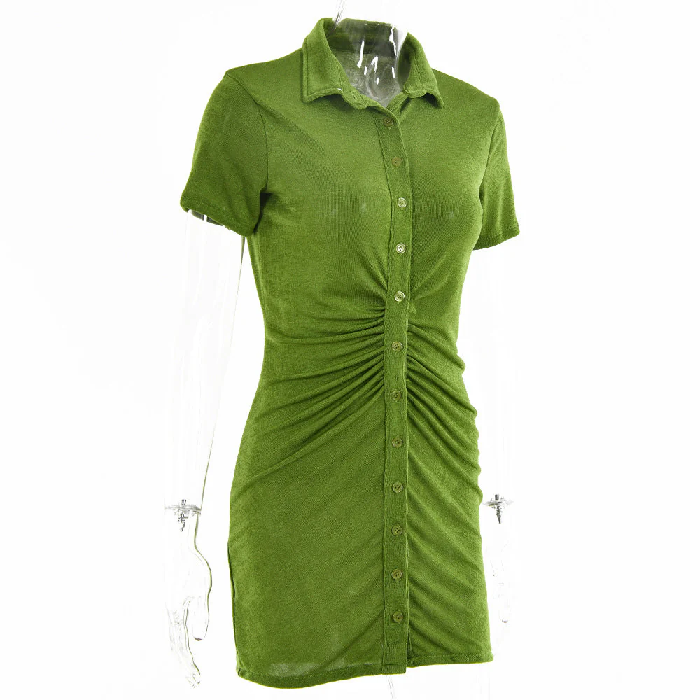 Turnover collar short sleeve ruched button mini dress - Image 5