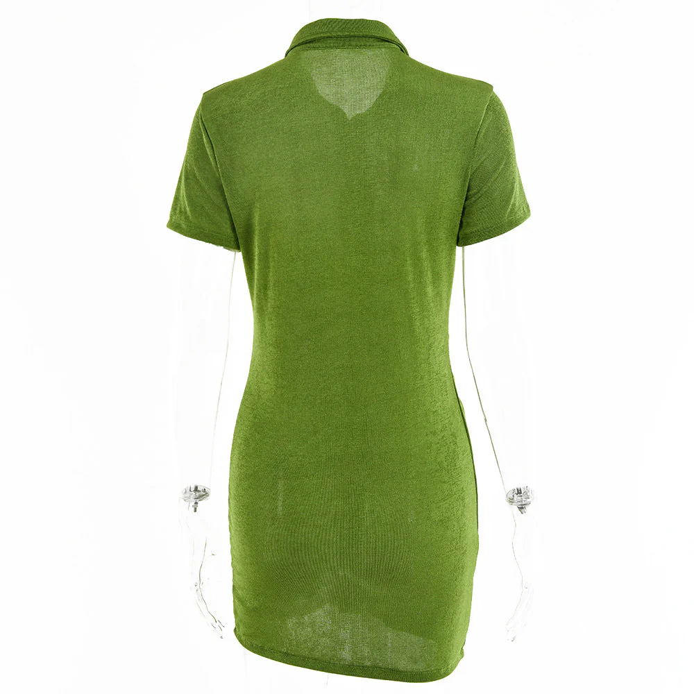 Turnover collar short sleeve ruched button mini dress - Image 8