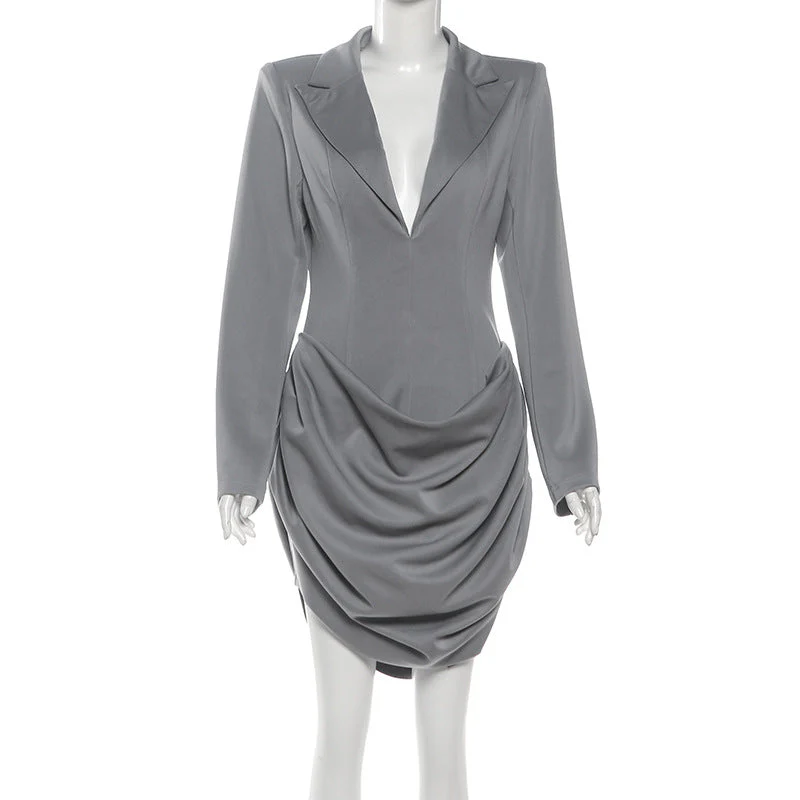Turnover collar v neck long sleeve ruched mini dress - Image 3