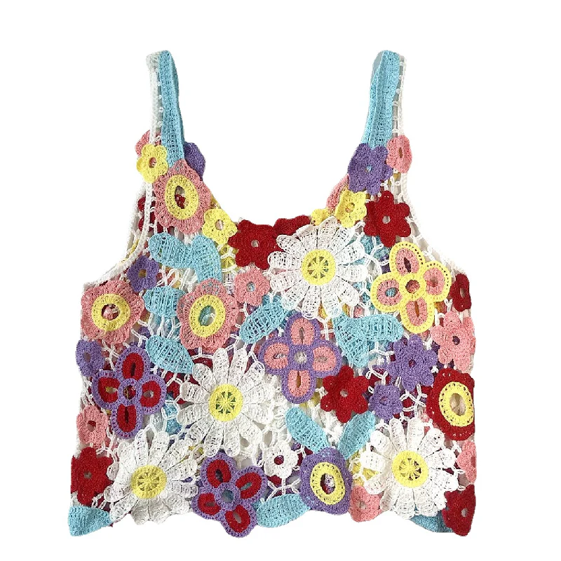U neck flower applique knitted hollow out cami top