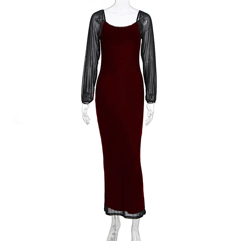 U neck long sleeve mesh slit midi dress - Image 3