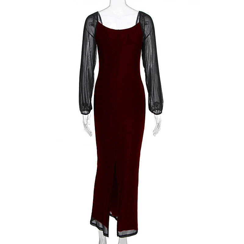 U neck long sleeve mesh slit midi dress - Image 5