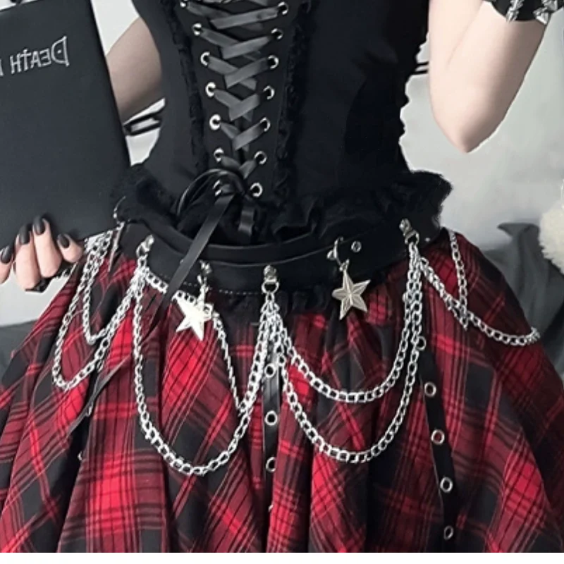 U neck plaid lace hem waist chain top - Image 5