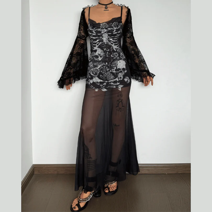 U neck skull print mesh backless cami maxi dress - Image 2