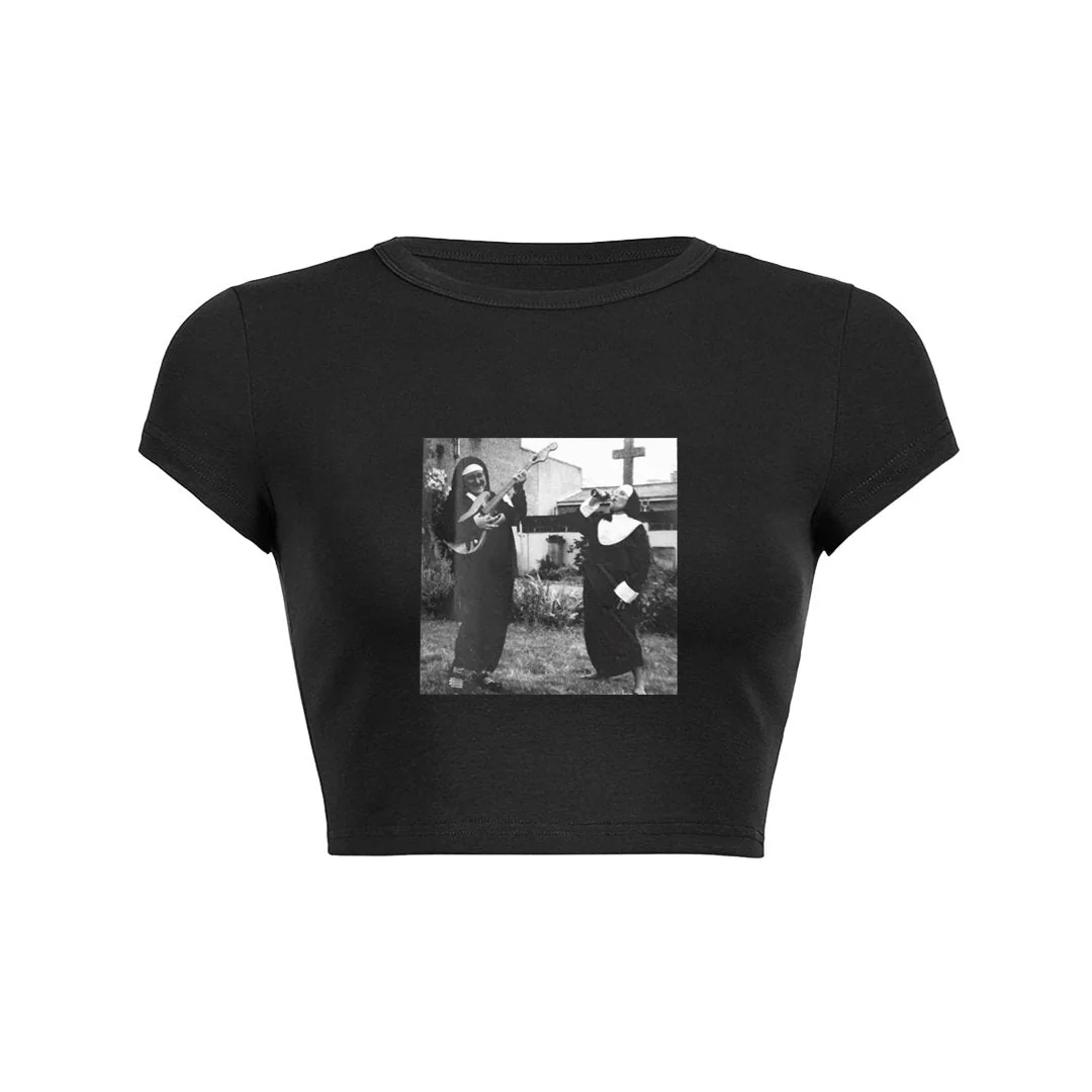 Unisex Retro Rock Music Nun Guitar Print Casual Y2K Baby Tee