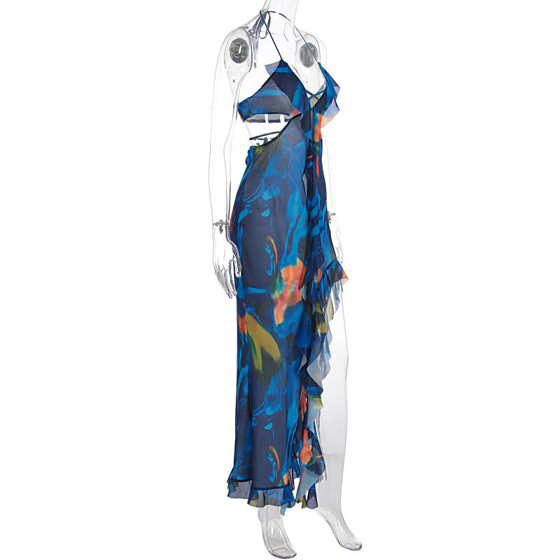 V neck halter ruffle self tie slit print maxi dress - Image 3