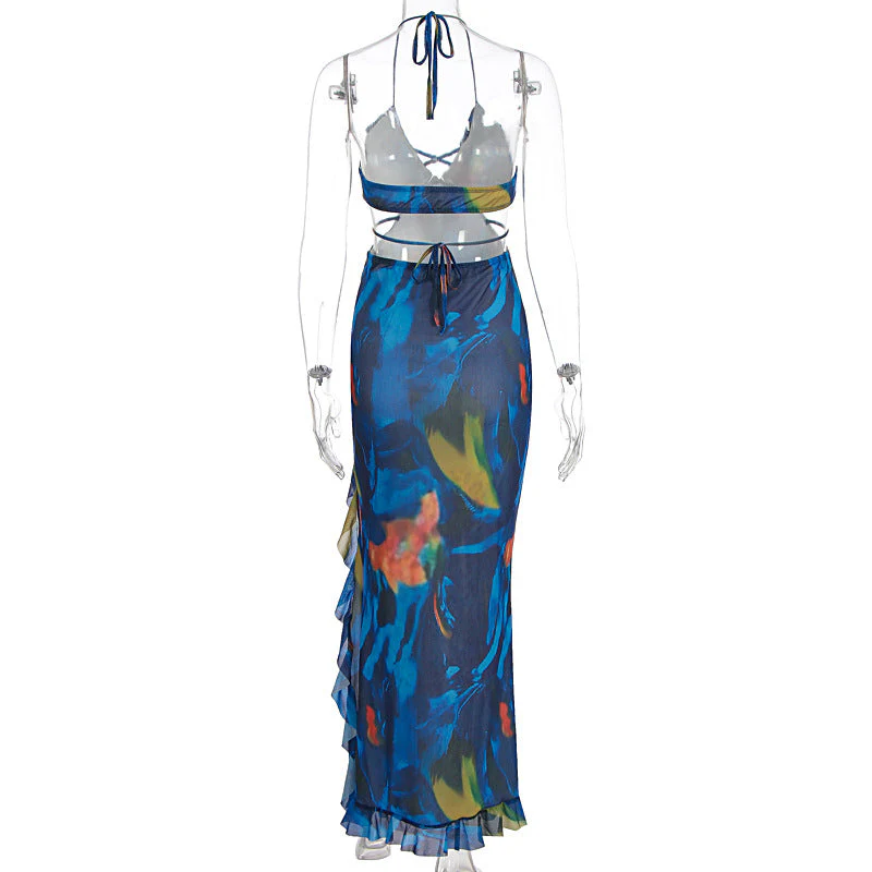 V neck halter ruffle self tie slit print maxi dress - Image 4