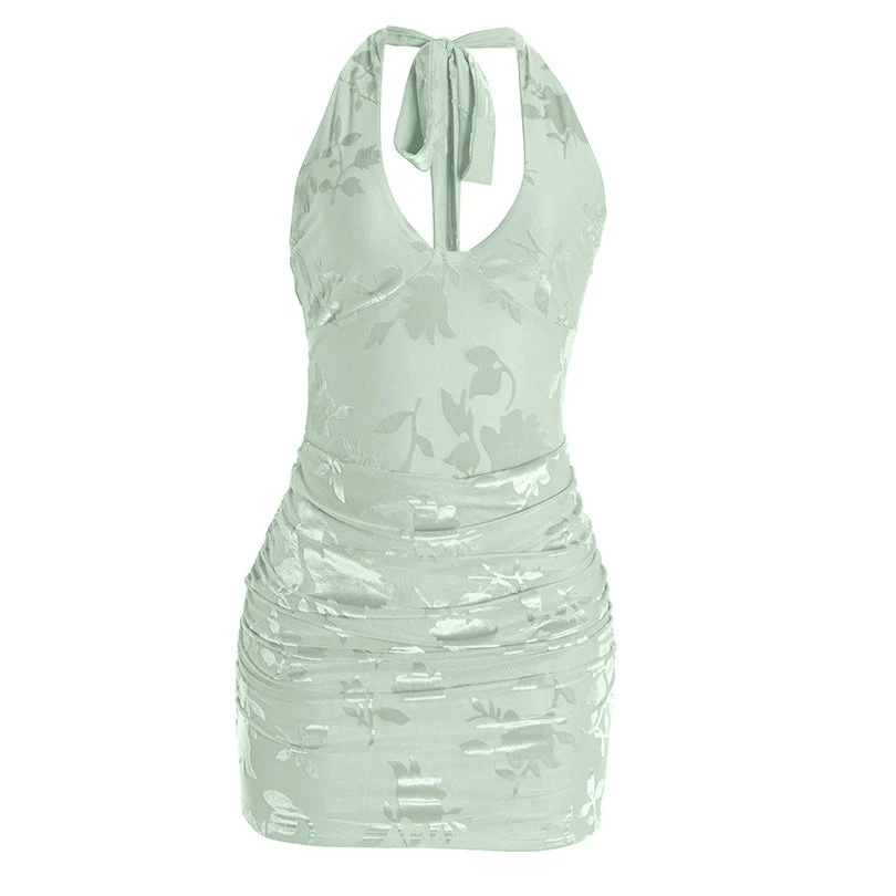 V neck halter self tie print ruched mini dress - Image 2