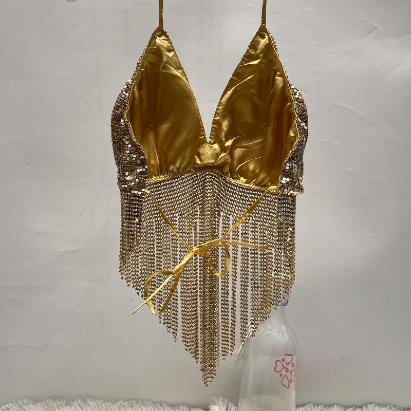V neck halter self tie tassels glitter top - Image 3