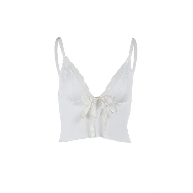 V neck lace hem backless bowknot ribbon crop cami top