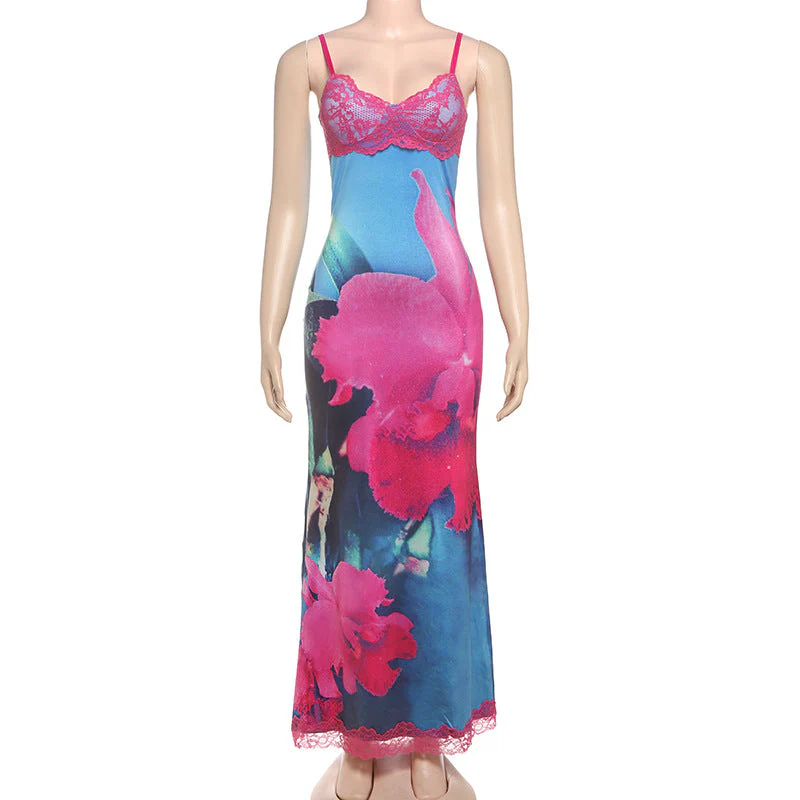 V neck lace hem flower print cami maxi dress - Image 2