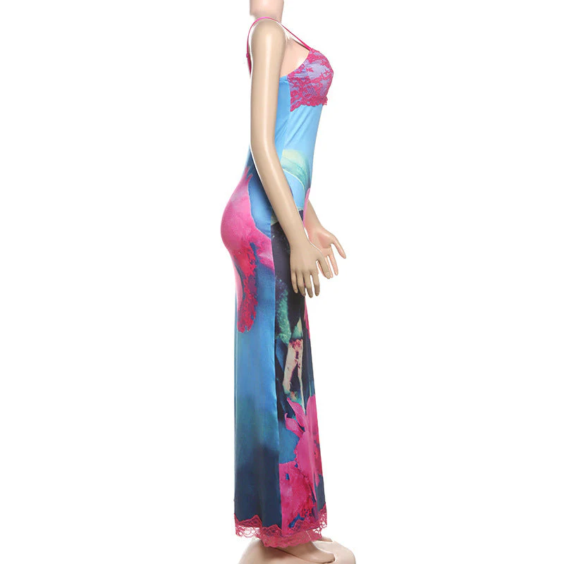 V neck lace hem flower print cami maxi dress - Image 3