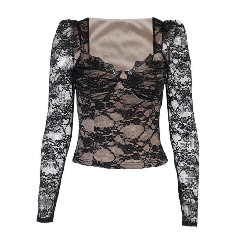 V neck eyelash lace puff long sleeve top y2k 90s Revival Techno Fashion