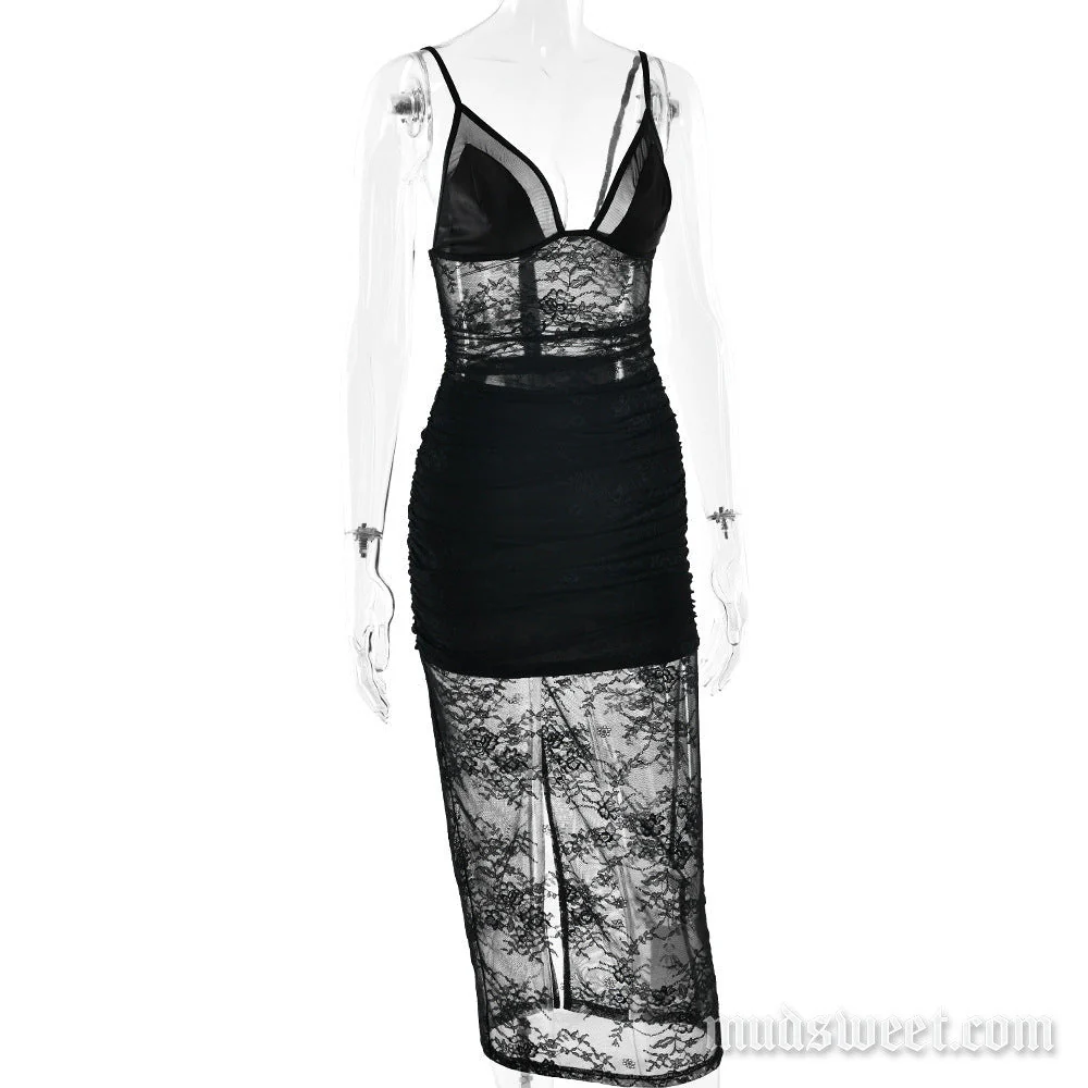 V neck lace ruched slit solid cami midi dress - Image 3