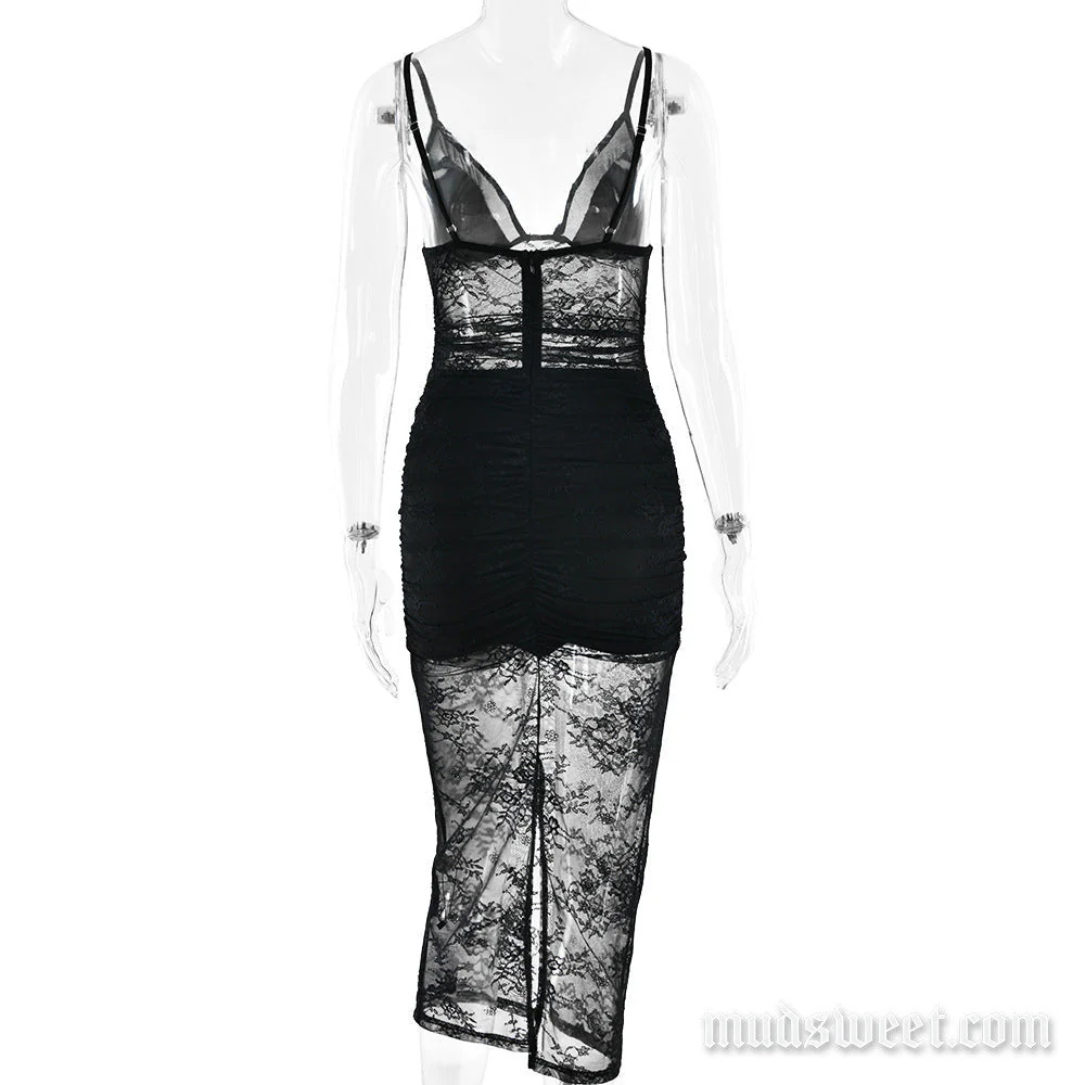 V neck lace ruched slit solid cami midi dress - Image 4