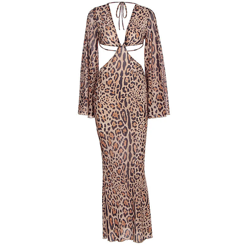 V neck leopard print long sleeve hollow out maxi dress