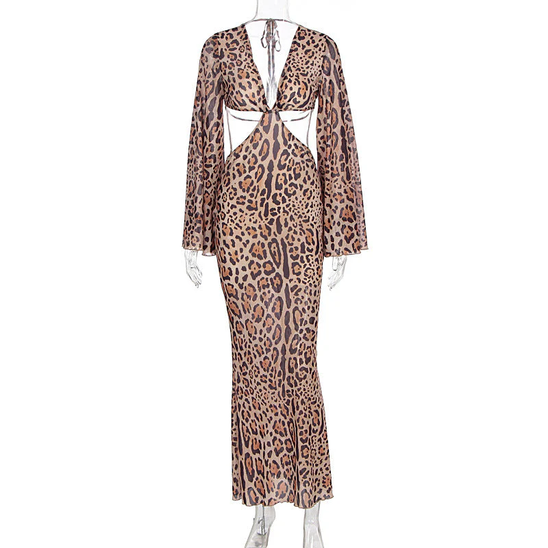 V neck leopard print long sleeve hollow out maxi dress - Image 2