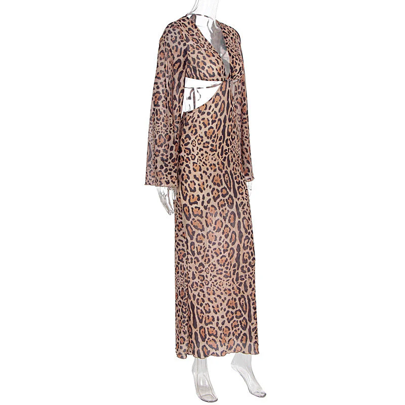 V neck leopard print long sleeve hollow out maxi dress - Image 3