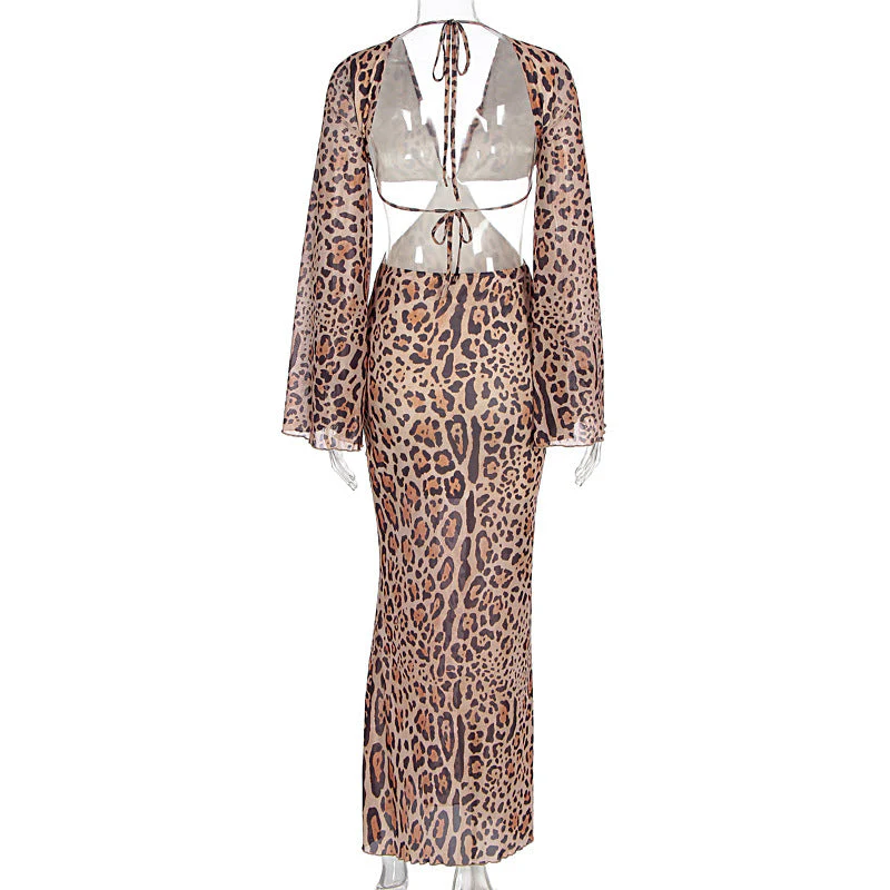 V neck leopard print long sleeve hollow out maxi dress - Image 4