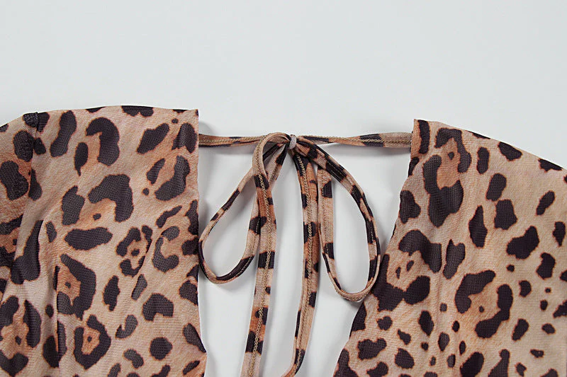 V neck leopard print long sleeve hollow out maxi dress - Image 5