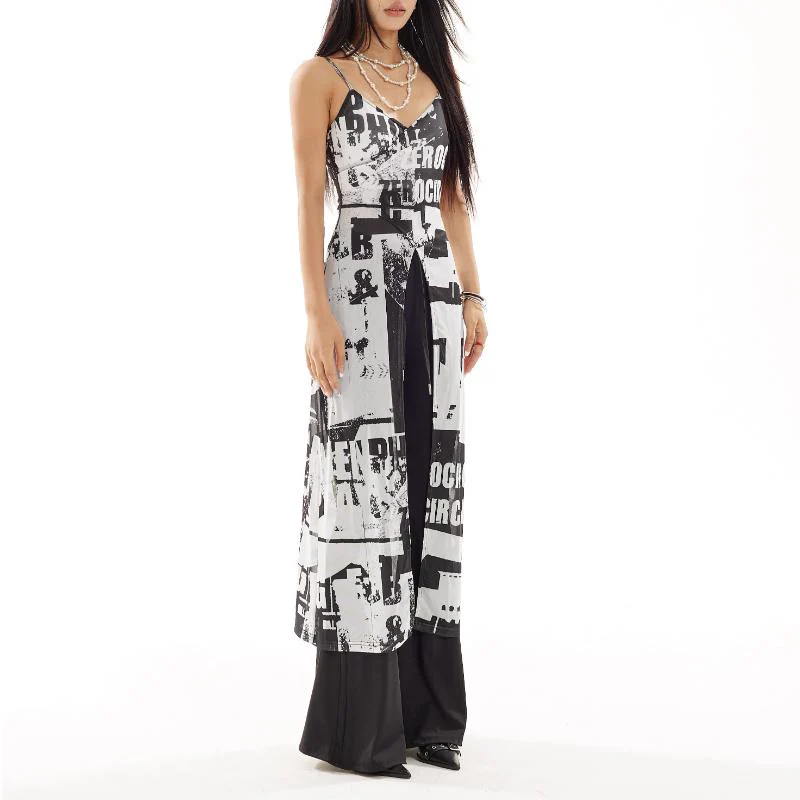 V neck letter print padded high slit sheer mesh cami midi dress - Image 3
